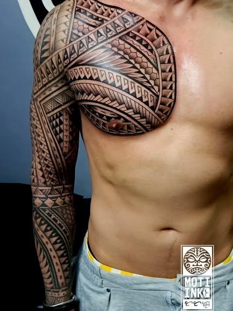 Filipino and Polynesian fusion full sleeve and chest guard in black ink