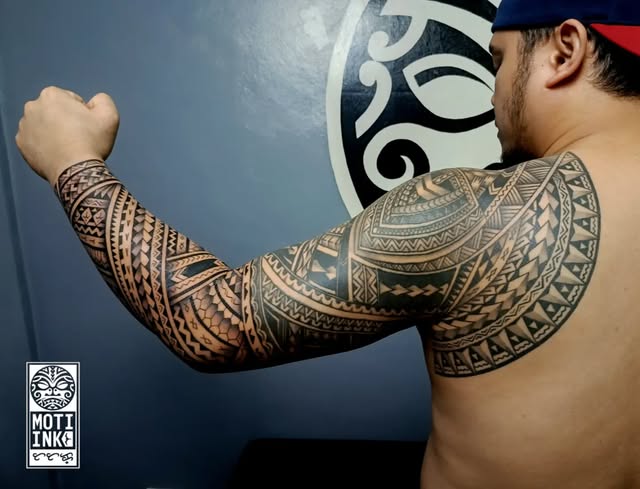 Polynesian tribal full arm sleeve, back and outer arm view